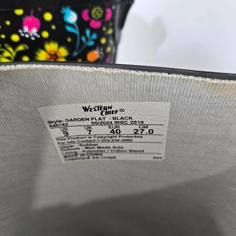 Western Chief Rain Boots Size 9 Garden Black Floral Waterproof Rubber #1103